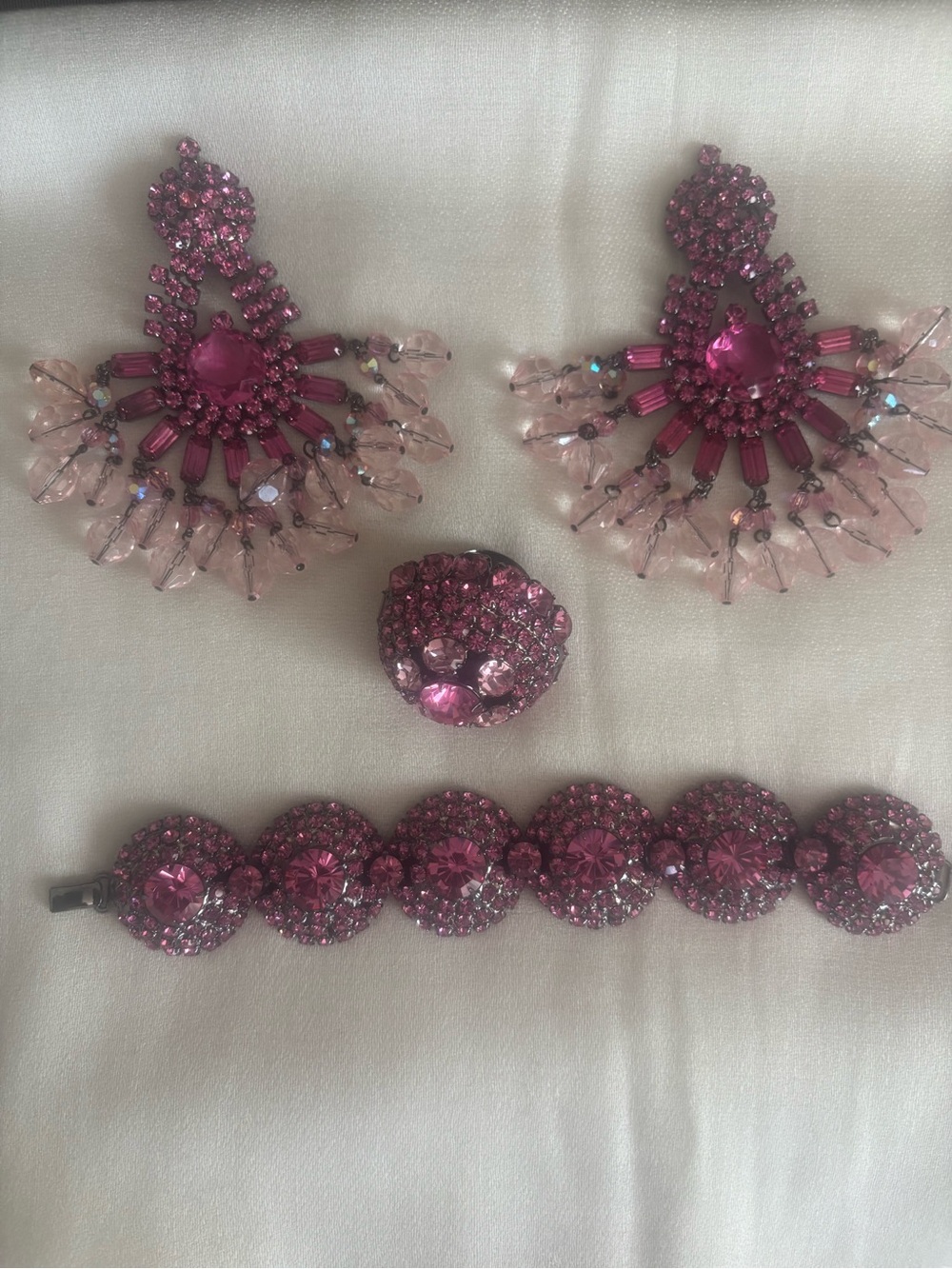 LAWRENCE VRBA Designer Pink Crystal Statement Ring & Bracelet With Earrings Set